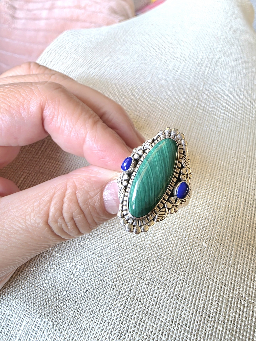 925 Sterling Silver Green Malachite & Blue Stone Statement Ring Size 8 - Picture 3 of 13